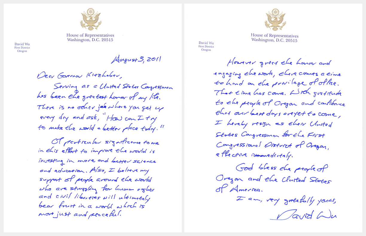 David Wu's handwritten resignation letter BlueOregon